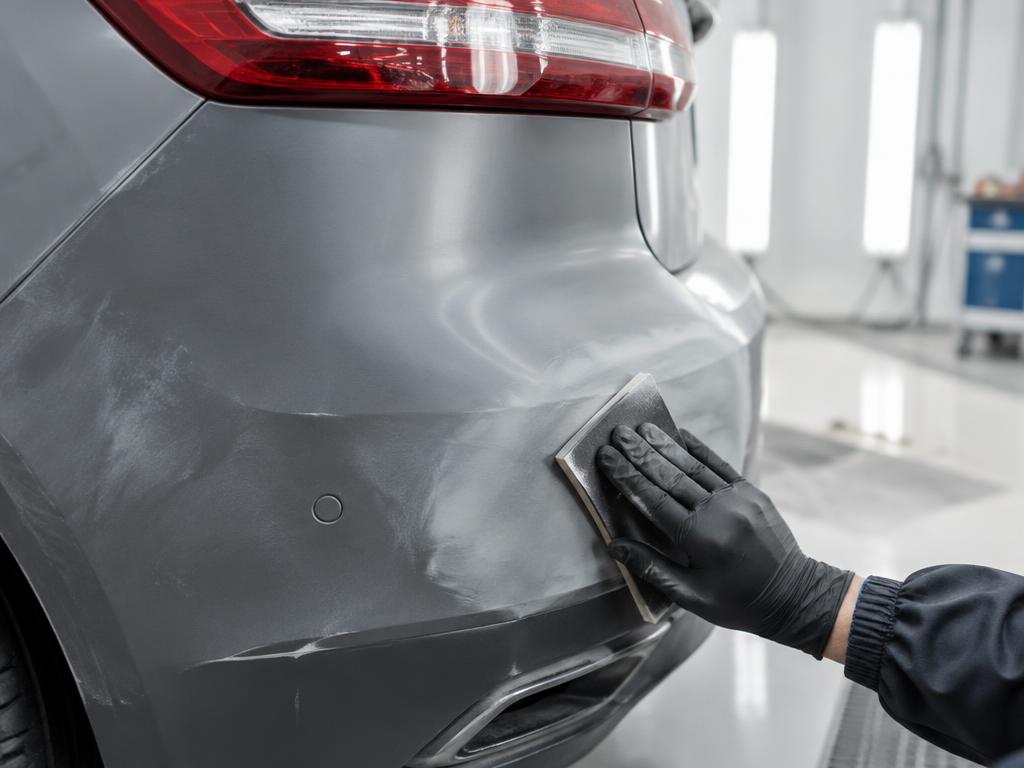 Technician preparing a gray vehicle bumper for repair