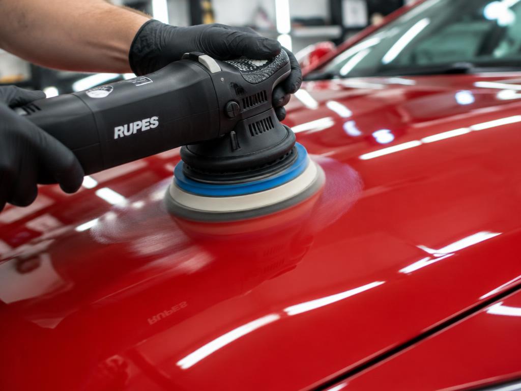 Machine polisher correcting the paint on a red car hood