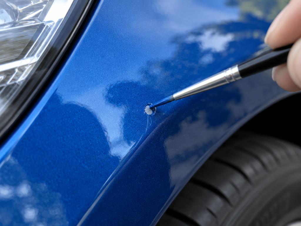 Fine brush applying touch-up paint to a chip on a blue fender